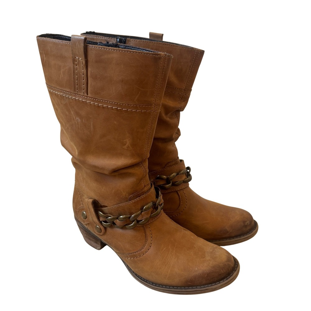Remonte Dorndorf Brown Tan Slouchy Leather Chain‎ Accent Mid Calf Boots 8 Boho